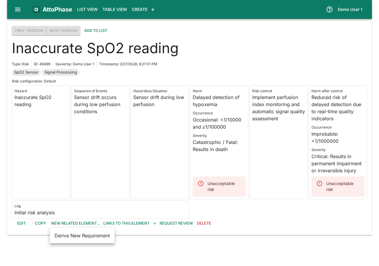 New related element menu on a risk