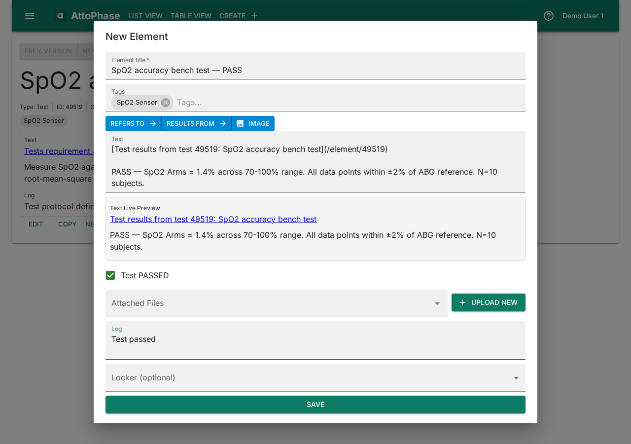 Record test result dialog