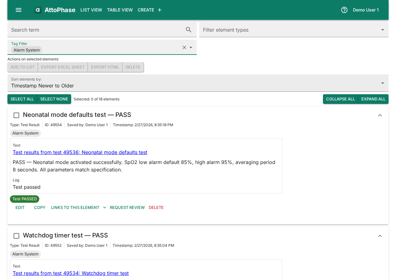 Element list filtered by the Alarm System tag