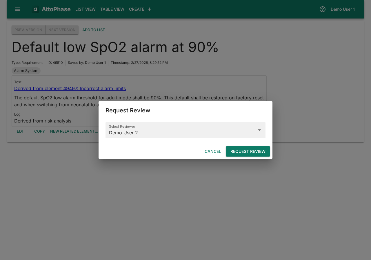 Review request dialog with reviewer selected
