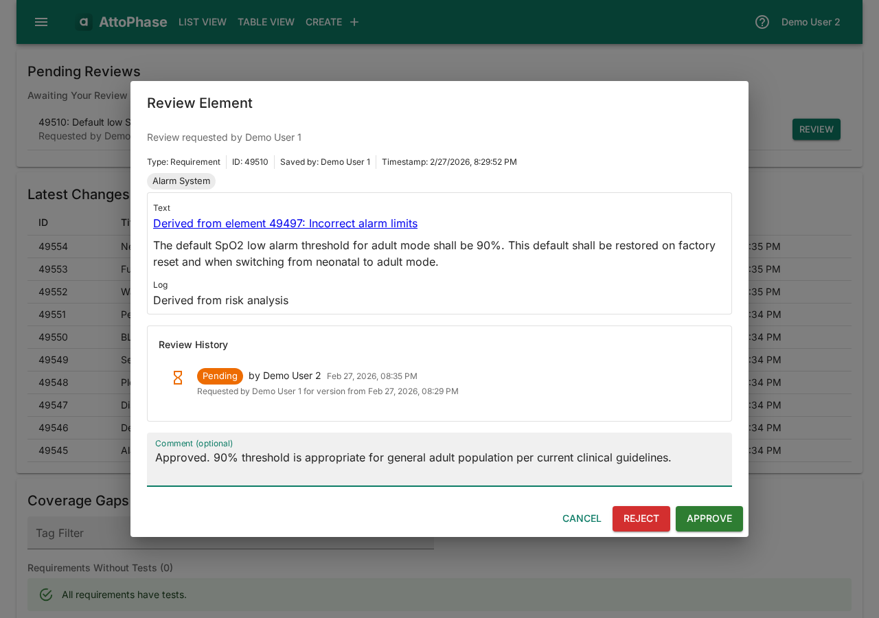 Review approval screen with comment
