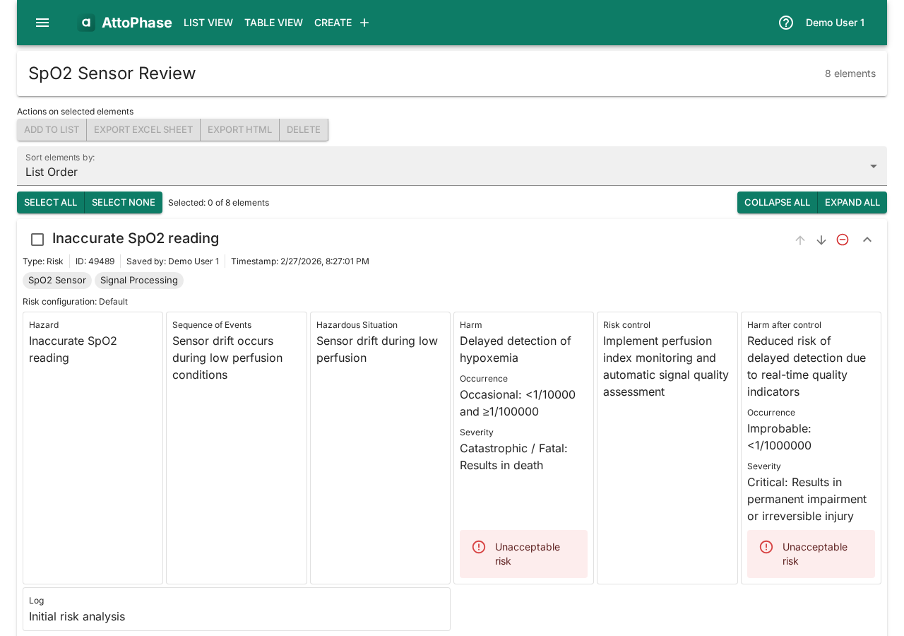 List view showing ordered elements with reorder controls