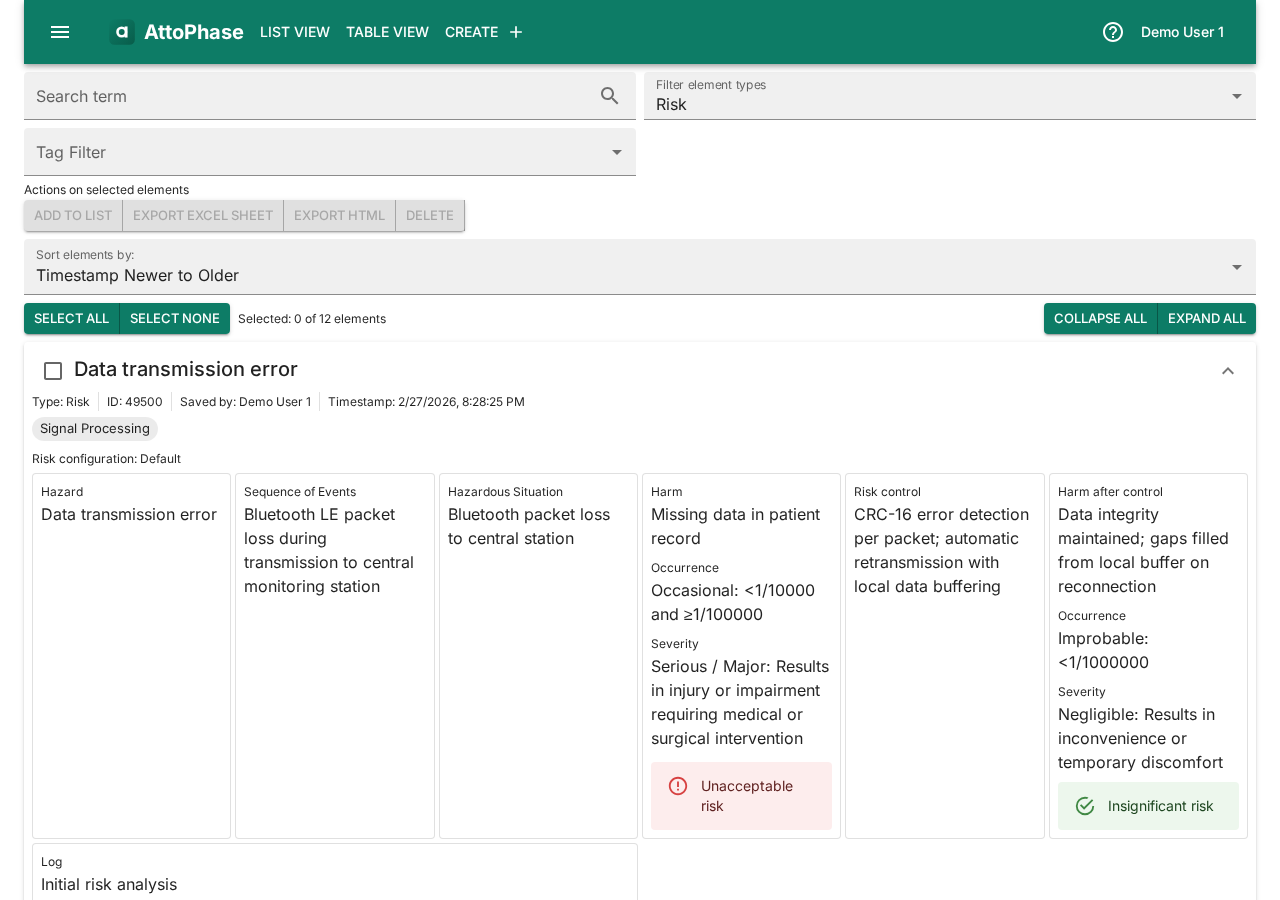 Risks list with risks selected and Export Excel Sheet button