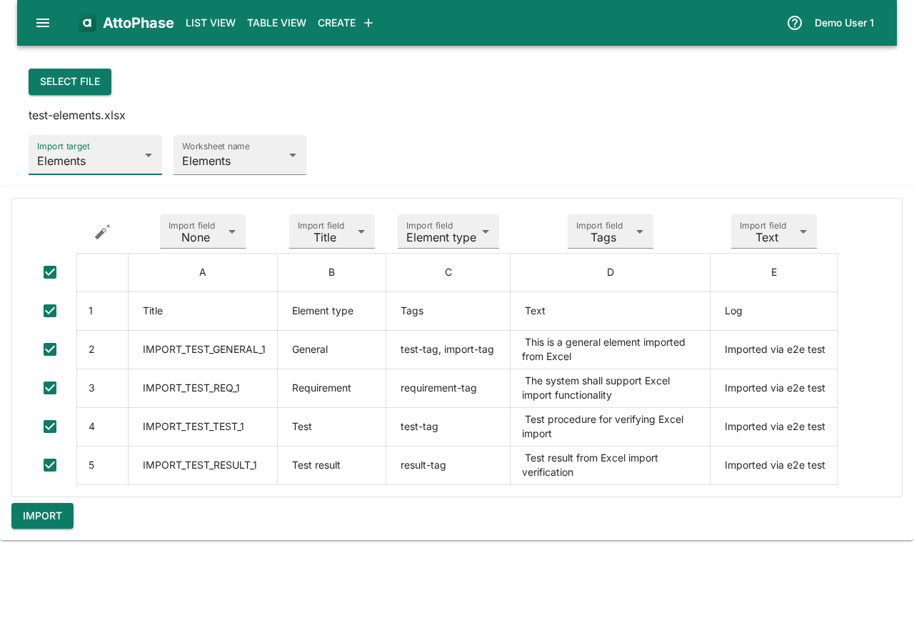 Import page with element file loaded and columns mapped